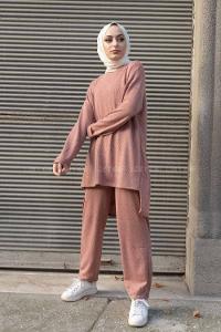 Modalamelif Bisiklet Yaka İkili Triko Takım Pudra