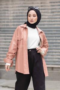 Modalamelif Cepli Oversize Deri Gömlek Pudra