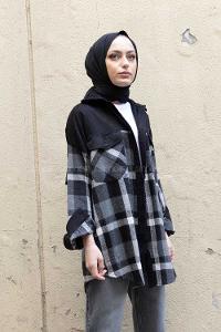 Modalamelif Çif Cepli Ekose Kadife Gömlek Gri