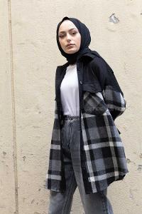 Modalamelif Çif Cepli Ekose Kadife Gömlek Gri