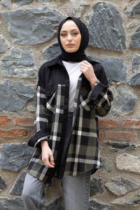 Modalamelif Çif Cepli Ekose Kadife Gömlek Haki