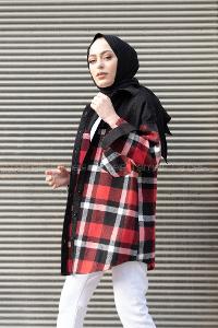 Modalamelif Çif Cepli Ekose Kadife Gömlek Kırmızı