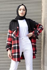 Modalamelif Çif Cepli Ekose Kadife Gömlek Kırmızı