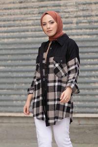 Modalamelif Çif Cepli Ekose Kadife Gömlek Siyah Vizonrengi