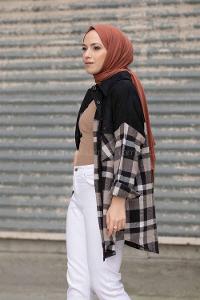 Modalamelif Çif Cepli Ekose Kadife Gömlek Siyah Vizonrengi