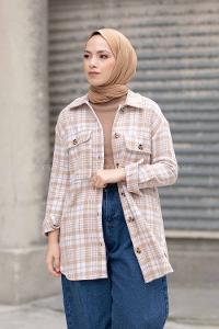 Modalamelif Çift Cepli Ekose Desen Gömlek Sütlü Kahve