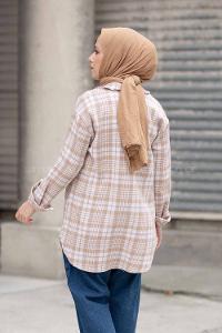 Modalamelif Çift Cepli Ekose Desen Gömlek Sütlü Kahve