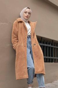 Modalamelif Çift Cepli Uzun Peluş Kaban Camel