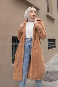 Modalamelif Çift Cepli Uzun Peluş Kaban Camel