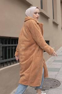 Modalamelif Çift Cepli Uzun Peluş Kaban Camel