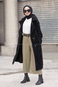 Modalamelif Çift Cepli Uzun Peluş Kaban Siyah