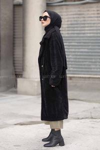 Modalamelif Çift Cepli Uzun Peluş Kaban Siyah