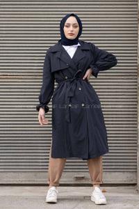 Modalamelif İçi Astarlı Kol Lastikli  Trenç Lacivert