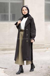 Modalamelif İçi Astarlı Kol Lastikli  Trenç Siyah