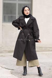 Modalamelif İçi Astarlı Kol Lastikli  Trenç Siyah