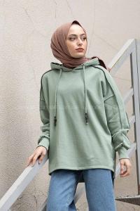 Modalamelif Kapşonlu Dikiş Detaylı Sweat Çağla Yeşili
