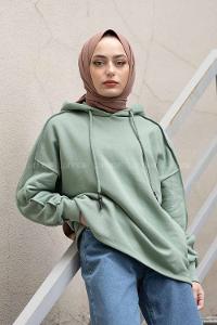 Modalamelif Kapşonlu Dikiş Detaylı Sweat Çağla Yeşili