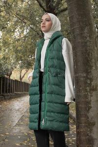 Modalamelif Kapşonlu Bohem Şişme Yelek Yeşil