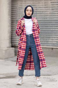 Modalamelif Kemerli Ekose Uzun Kaban Kırmızı