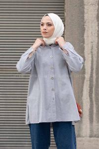 Modalamelif Önü Metal Düğmeli Oversize Gömlek Gri