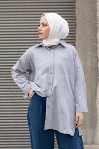 Modalamelif Önü Metal Düğmeli Oversize Gömlek Gri