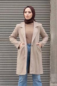 Modalamelif Önü Tek Düğmeli Kaşe Kaban Kum Beji