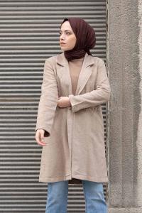 Modalamelif Önü Tek Düğmeli Kaşe Kaban Kum Beji