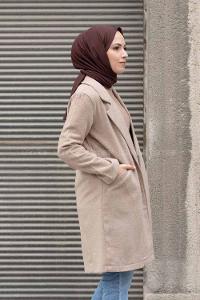 Modalamelif Önü Tek Düğmeli Kaşe Kaban Kum Beji