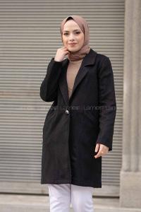 Modalamelif Önü Tek Düğmeli Kaşe Kaban Siyah