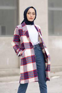 Modalamelif Şal Yakalı Ekose Kaban Ekru İndigo