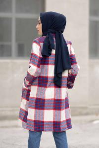 Modalamelif Şal Yakalı Ekose Kaban Ekru İndigo