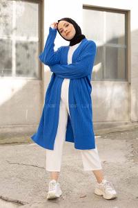 Modalamelif Salaş Fitilli Triko Hırka Saks Mavisi