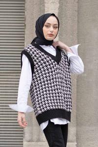 Modalamelif V Yaka Kazayağı Desen Triko Süveter Siyah