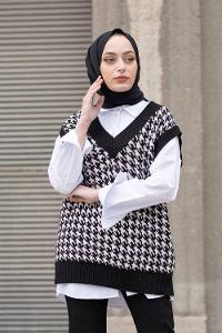 Modalamelif V Yaka Kazayağı Desen Triko Süveter Siyah