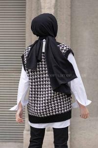 Modalamelif V Yaka Kazayağı Desen Triko Süveter Siyah