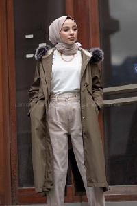 Modalamelif Yanı Çıtçıtlı Kapşonlu Mont Haki