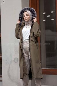 Modalamelif Yanı Çıtçıtlı Kapşonlu Mont Haki