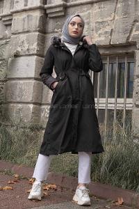 Modalamelif Yanı Çıtçıtlı Kapşonlu Mont Siyah