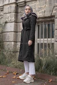 Modalamelif Yanı Çıtçıtlı Kapşonlu Mont Siyah