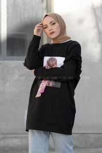 Modalamelif Omzu Fırfırlı Baskılı Sweat Siyah