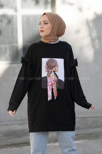 Modalamelif Omzu Fırfırlı Baskılı Sweat Siyah