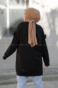 Modalamelif Omzu Fırfırlı Baskılı Sweat Siyah