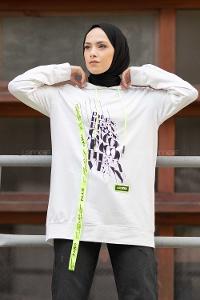 Modalamelif Neon Şeritli Baskılı Sweatshirt Ekru
