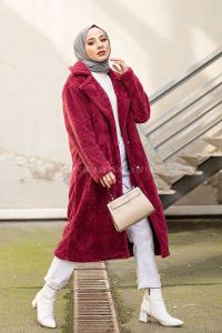 Modalamelif Çift Cepli Uzun Peluş Kaban Bordo