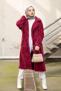 Modalamelif Çift Cepli Uzun Peluş Kaban Bordo