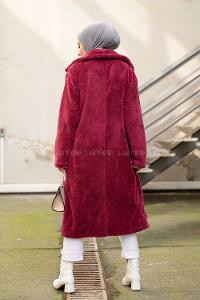Modalamelif Çift Cepli Uzun Peluş Kaban Bordo