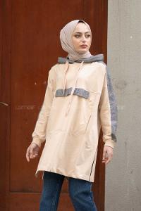 Modalamelif  Ekose Garnili Kapşonlu Sweatshirt  Bej