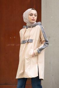 Modalamelif  Ekose Garnili Kapşonlu Sweatshirt  Bej