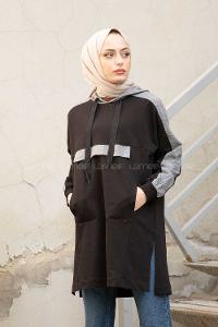 Modalamelif  Ekose Garnili Kapşonlu Sweatshirt Siyah