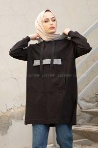 Modalamelif  Ekose Garnili Kapşonlu Sweatshirt Siyah